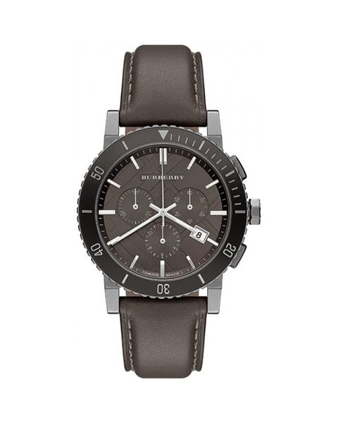 Burberry The City Chronograph Ion Plated Grey Dial Grey Leather Strap Watch for Men - BU9384