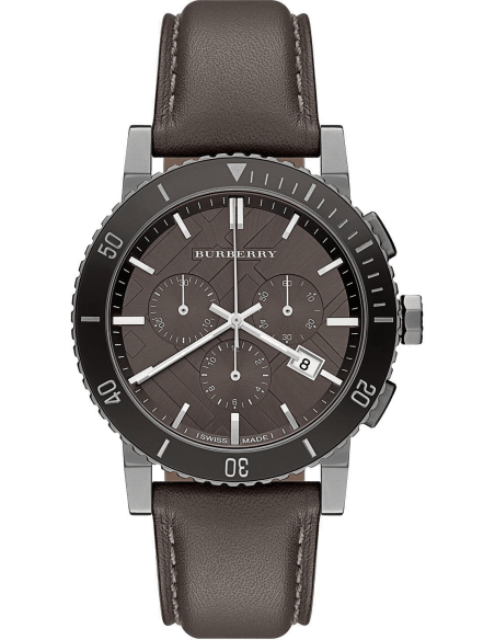 Burberry The City Chronograph Ion Plated Grey Dial Grey Leather Strap Watch for Men - BU9384