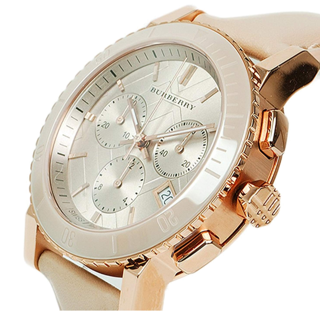Burberry The City Chronograph Rose Gold Dial Beige Leather Strap Watch For Women - BU9702