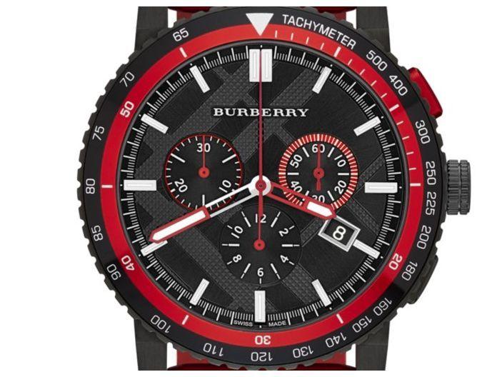 Burberry The City Chronograph Black Dial Red Rubber Strap Watch For Men - BU9805