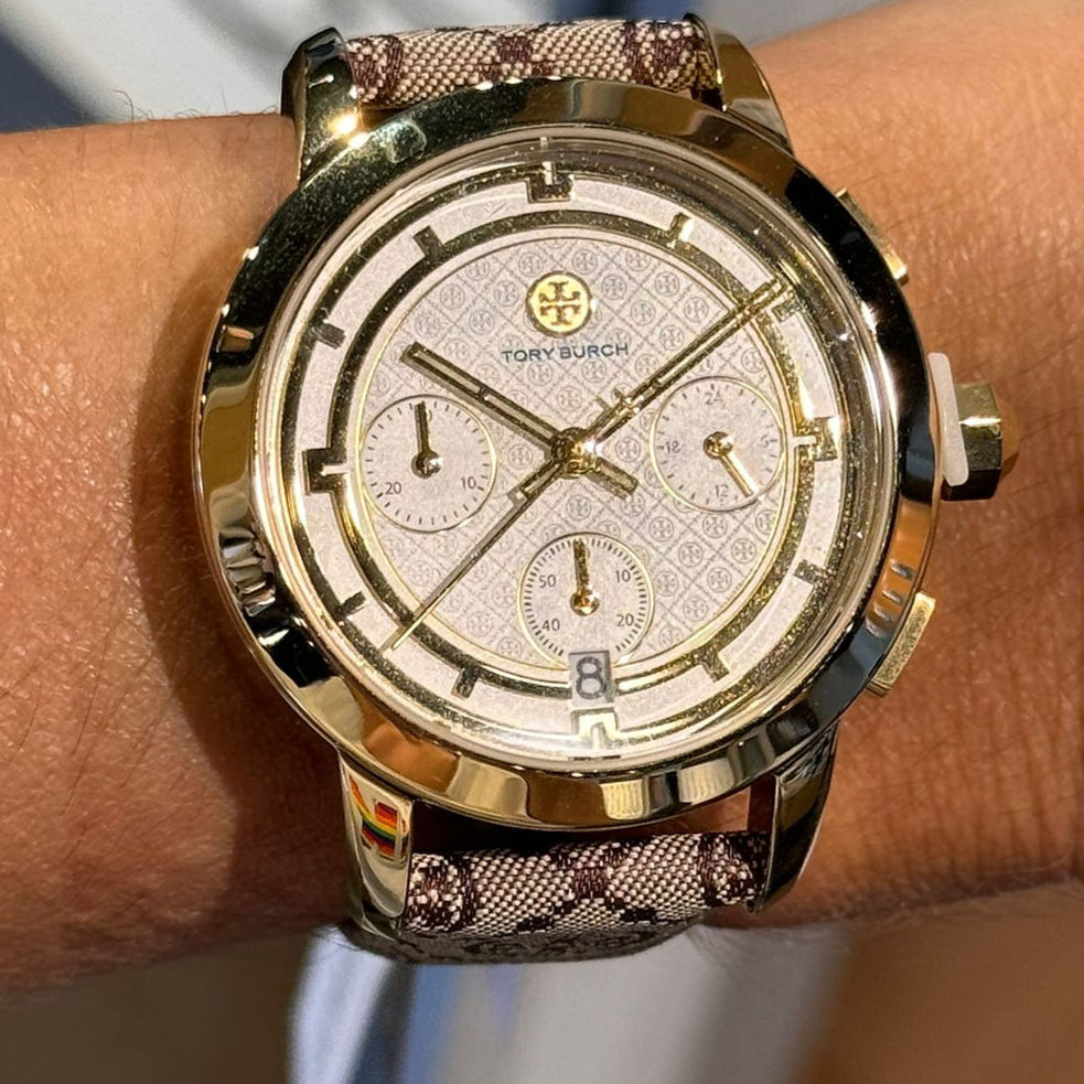 Tory Burch The Tory Chronograph White Dial Maroon Jacquard Strap Watch for Women - TBW1051