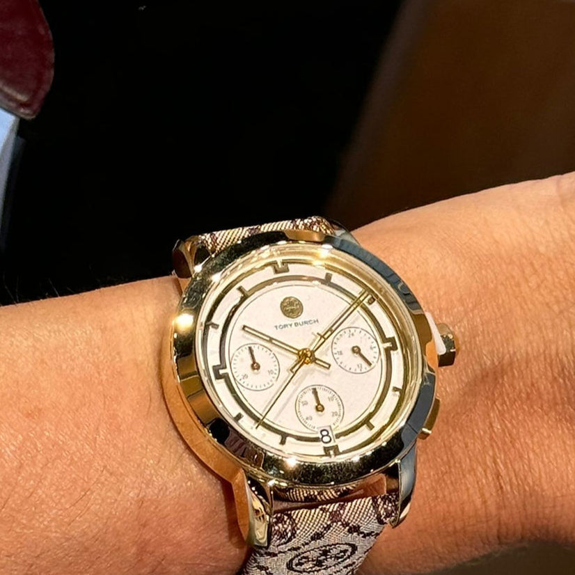 Tory Burch The Tory Chronograph White Dial Maroon Jacquard Strap Watch for Women - TBW1051
