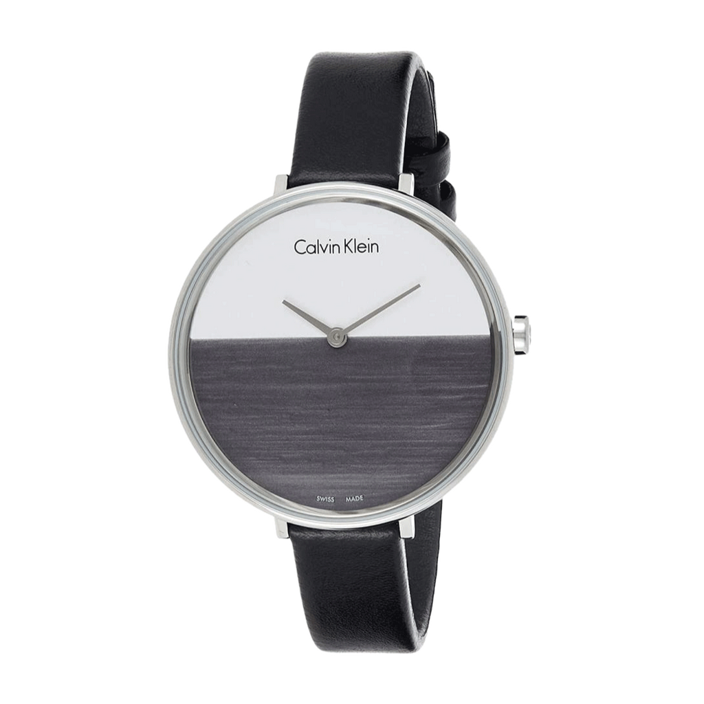 Calvin Klein Rise White Grey Dial Black Leather Strap Watch for Women - K7A231C3