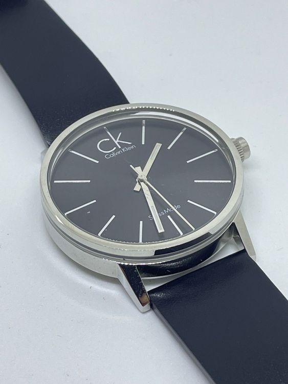 Calvin Klein Minimal Black Dial Black Leather Strap Watch for Men - K7621107