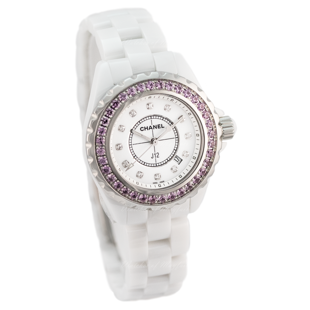 Chanel J12 Sapphire Bezel Ceramic White Dial White Steel Strap Watch for Women - J12 H2010