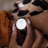 Daniel Wellington Classic Sheffield White Dial Black Leather Strap Watch for Women - DW00100036