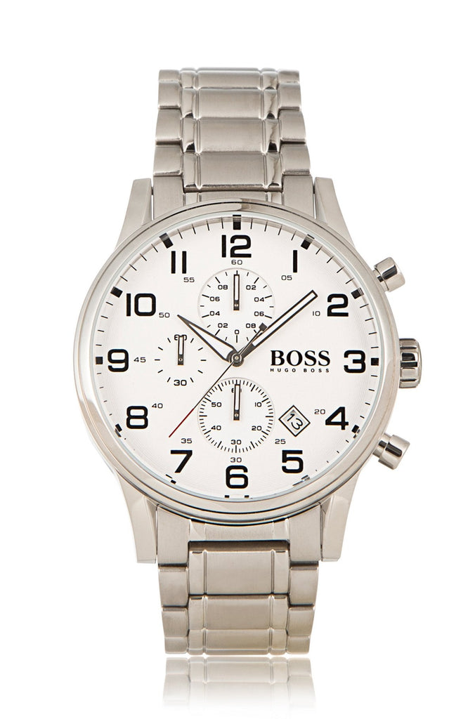 Hugo Boss Aeroliner Chronograph White Dial Silver Steel Strap Watch for Men - 1513182