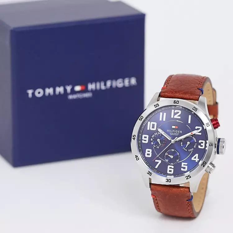 Tommy Hilfiger Trent Quartz Blue Dial Brown Leather Strap Watch for Men - 1791066