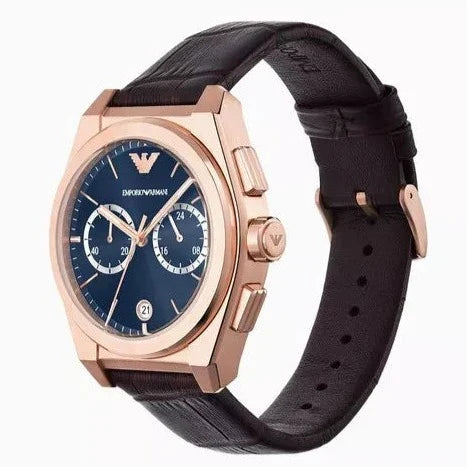 Emporio Armani Federico Chronograph Blue Dial Brown Leather Strap Watch For Men - AR11563