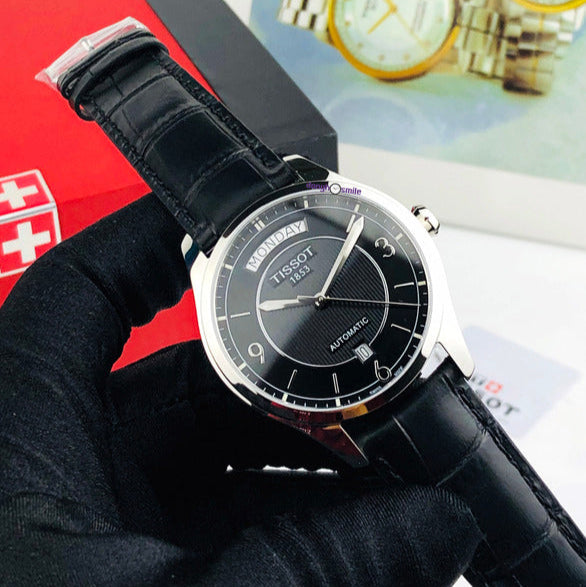 Tissot T One Automatic Black Dial Black Leather Strap Watch For Men - T038.430.16.057.00