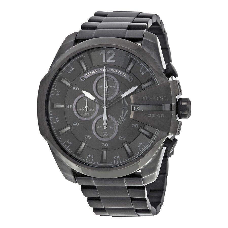 Diesel Mega Chief Chronograph Black Dial Black Steel Strap Watch For Men - DZ4355