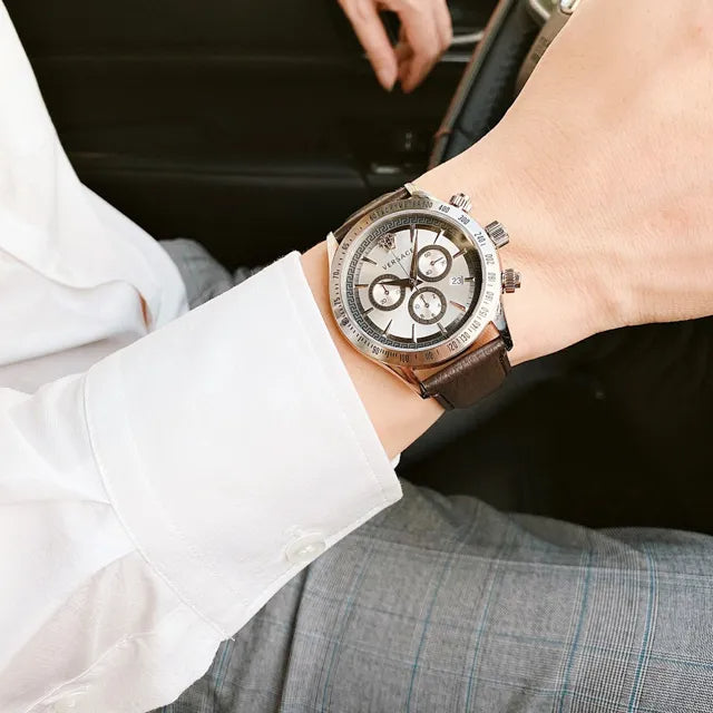 Versace Classic Chronograph Quartz Silver Dial Brown Leather Strap Watch For Men - VEV700119