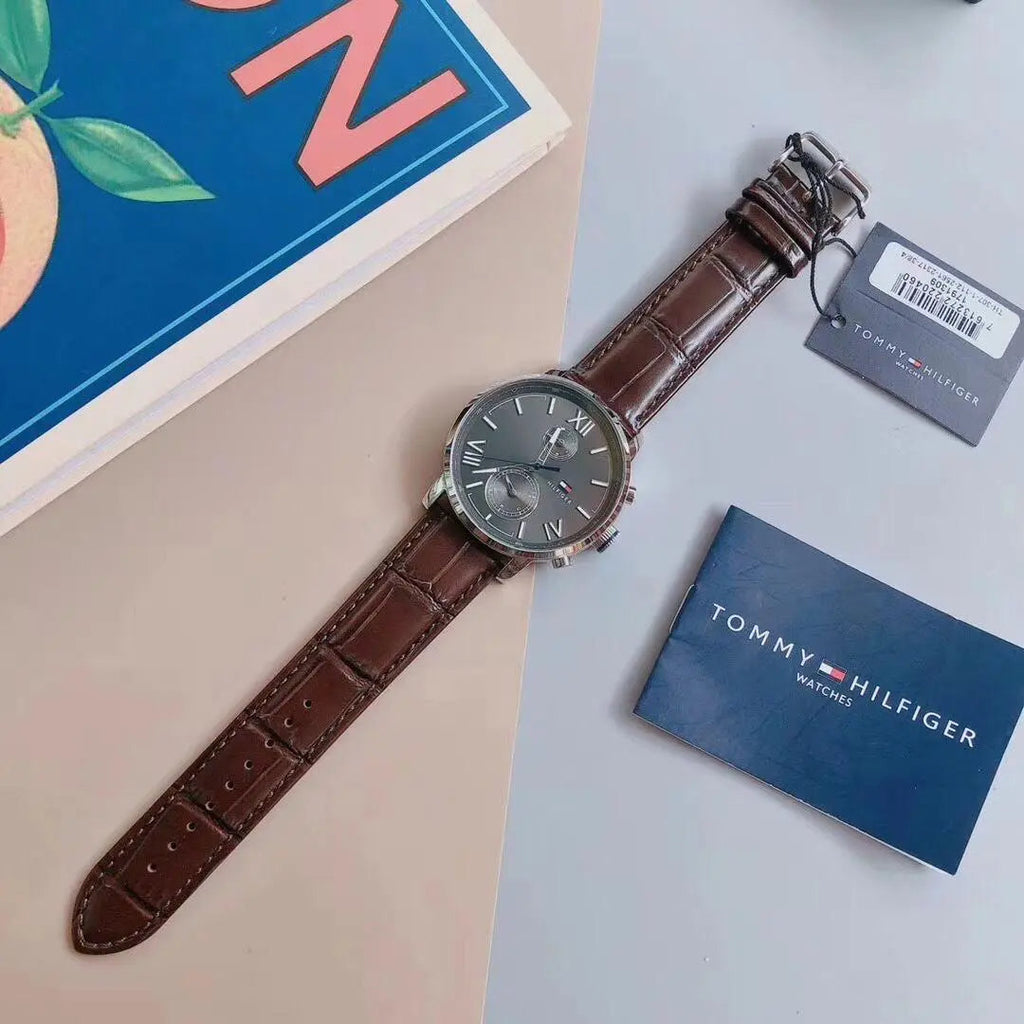Tommy Hilfiger Aiden Quartz Black Dial Brown Leather Strap Watch for Men - 1791309