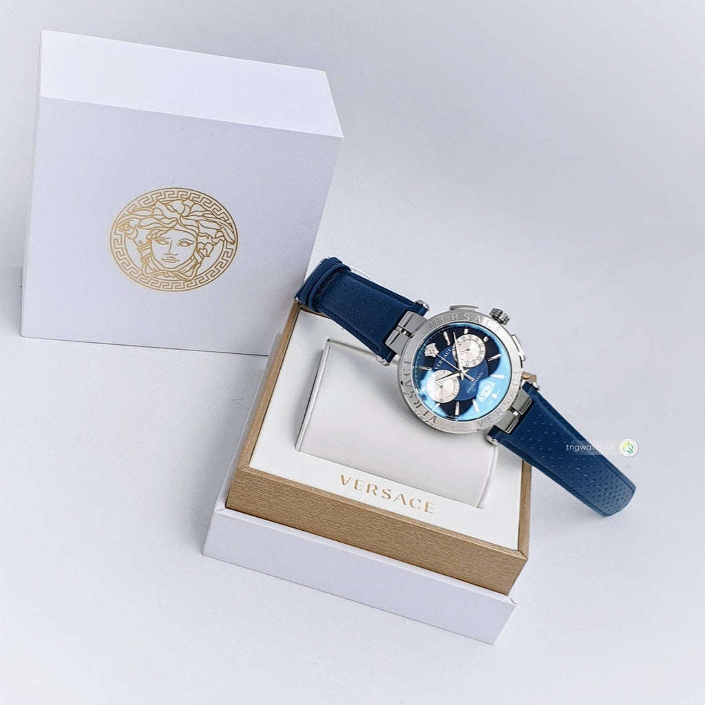 Versace Aion Chronograph Blue Dial Blue Leather Strap Watch for Men - VE1D01220