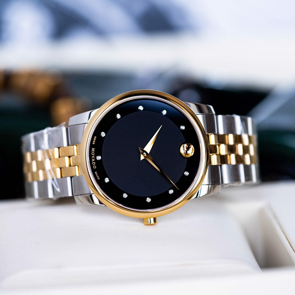 Movado Museum Classic Diamonds Black Dial Two Tone Steel Strap Watch For Men - 0606879