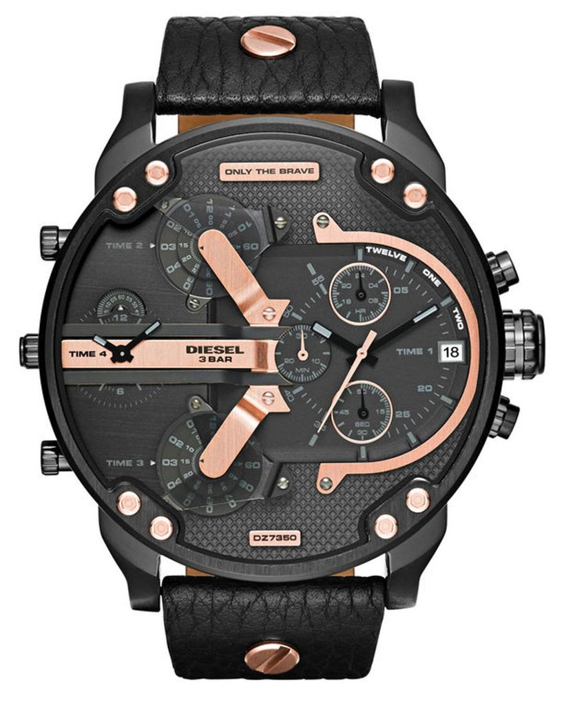 Diesel Mr Daddy 2.0 Chronograph Black Dial Black Leather Strap Watch For Men - DZ7350