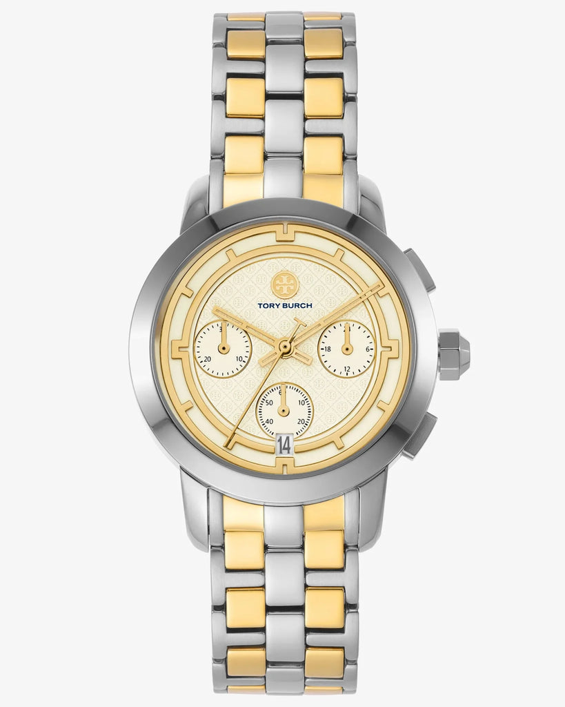 Tory Burch Classic Chronograph White Dial Two Tone Steel Strap Watch for Women - TBW1034
