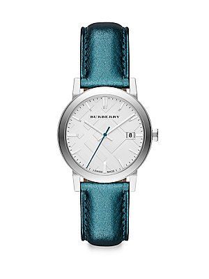 Burberry White Dial Turquoise Leather Strap Watch for Women - BU9120