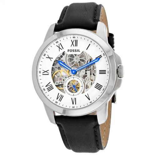 Fossil Grant Skeleton White Dial Black Leather Strap Watch for Men -  ME3053