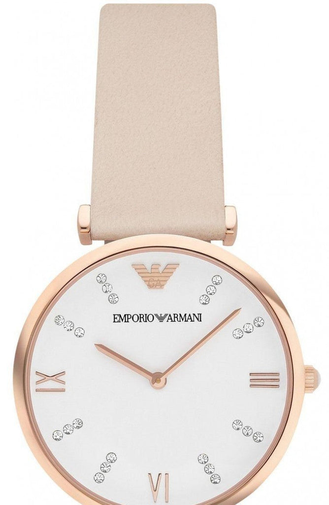 Emporio Armani Gianni T Bar Quartz White Dial Beige Leather Strap Watch For Women - AR1927