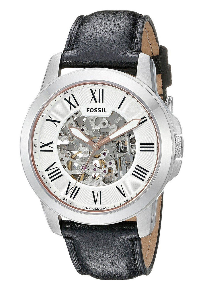 Fossil Grant Automatic Skeleton White Dial Black Leather Strap Watch for Men - ME3101