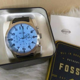 Fossil Pilot Chronograph Sky Blue Dial Black Leather Strap Watch for Men - FS5162
