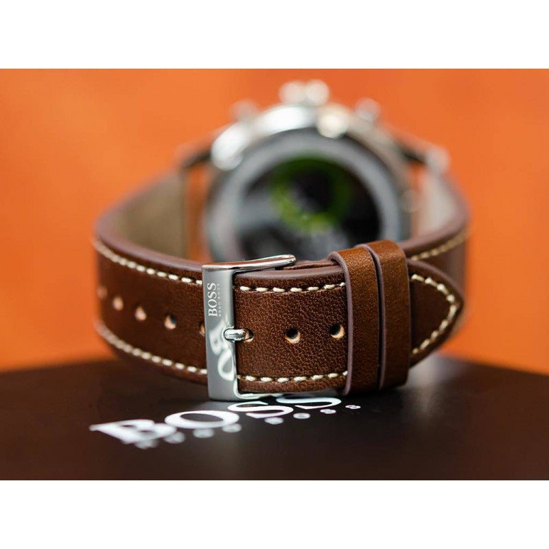 Hugo Boss Pioneer Chronograph Blue Dial Brown Leather Strap Watch For Men - 1513709