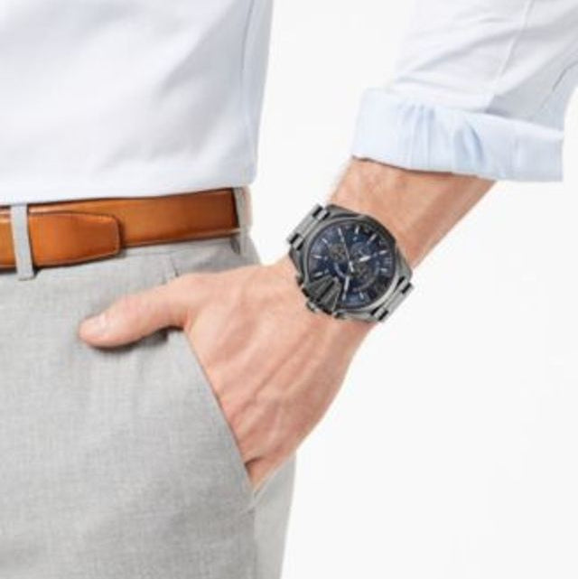 Diesel Mega Chief Chronograph Blue Dial Black Steel Strap Watch For Men - DZ4329