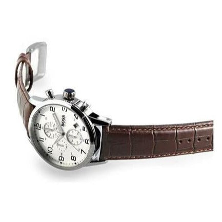 Hugo Boss Aeroliner Chronoraph White Dial Brown Leather Strap Watch For Men - 1512447