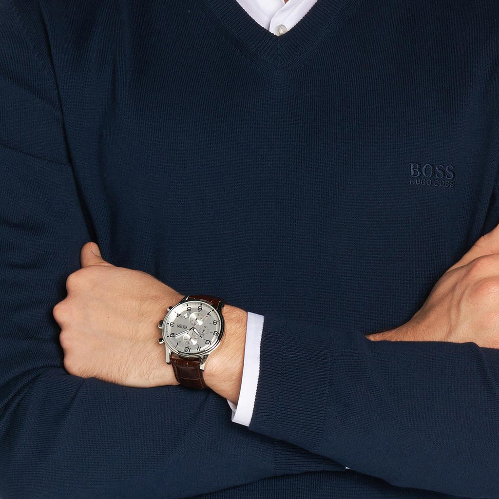 Hugo Boss Aeroliner Chronoraph White Dial Brown Leather Strap Watch For Men - 1512447