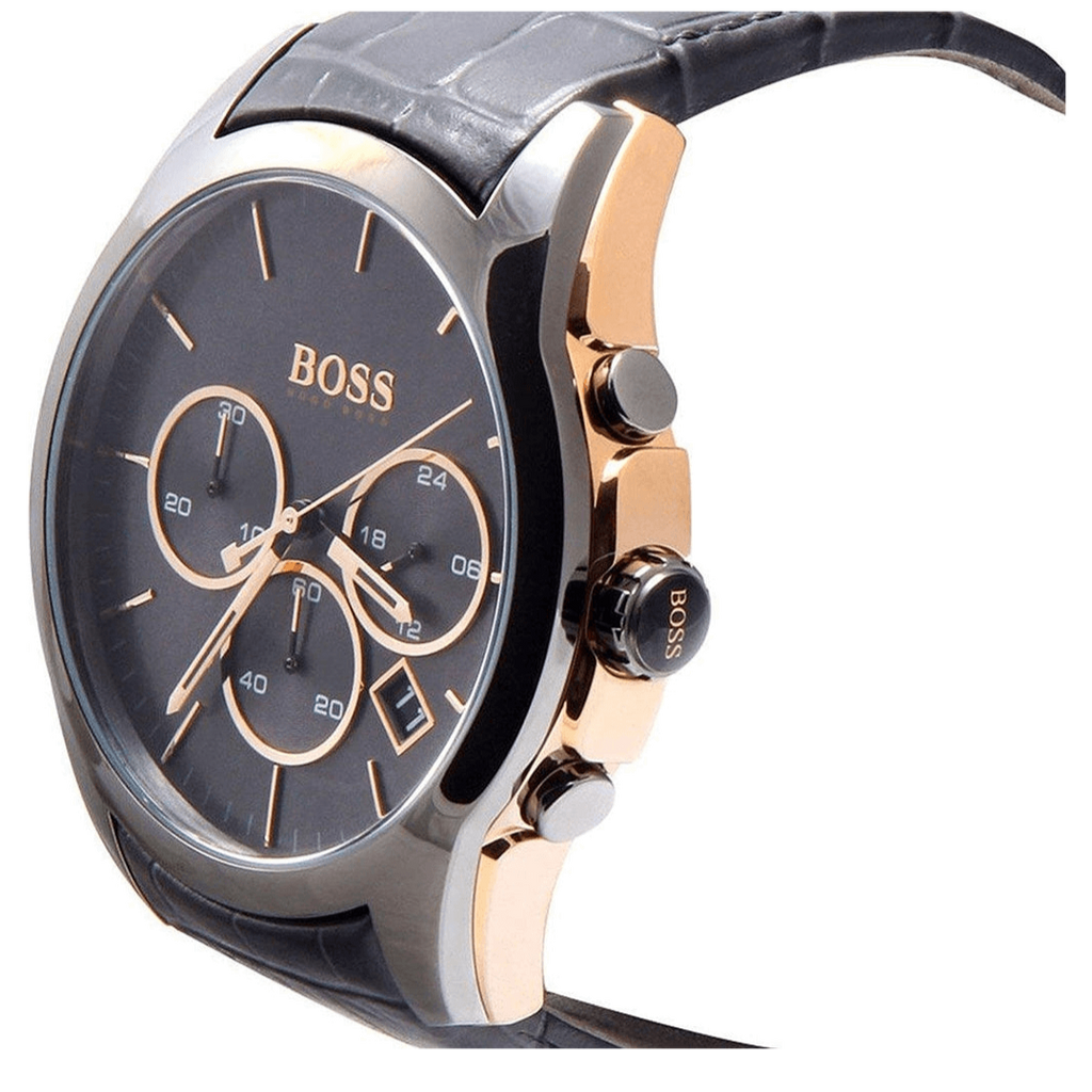 Hugo Boss Onyx Grey Dial Black Leather Strap Watch for Men - 1513366