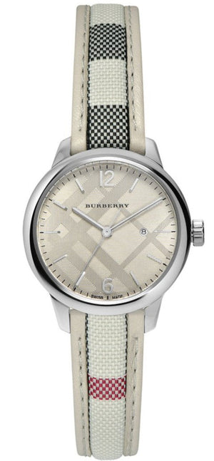 Burberry The Classic Guilloche Silver Dial Grey Leather Strap Watch for Women - BU10113