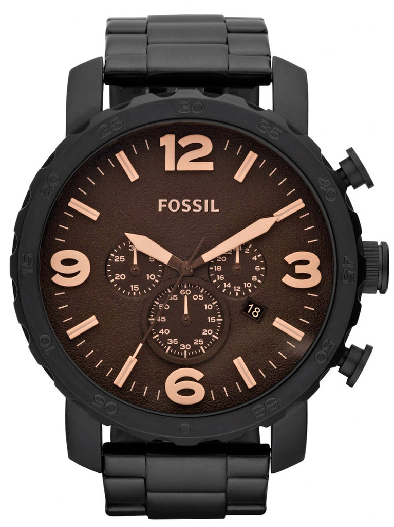 Fossil Nate Chrongraph Ion Plated Black Dial Black Steel Strap Watch for Men - JR1356