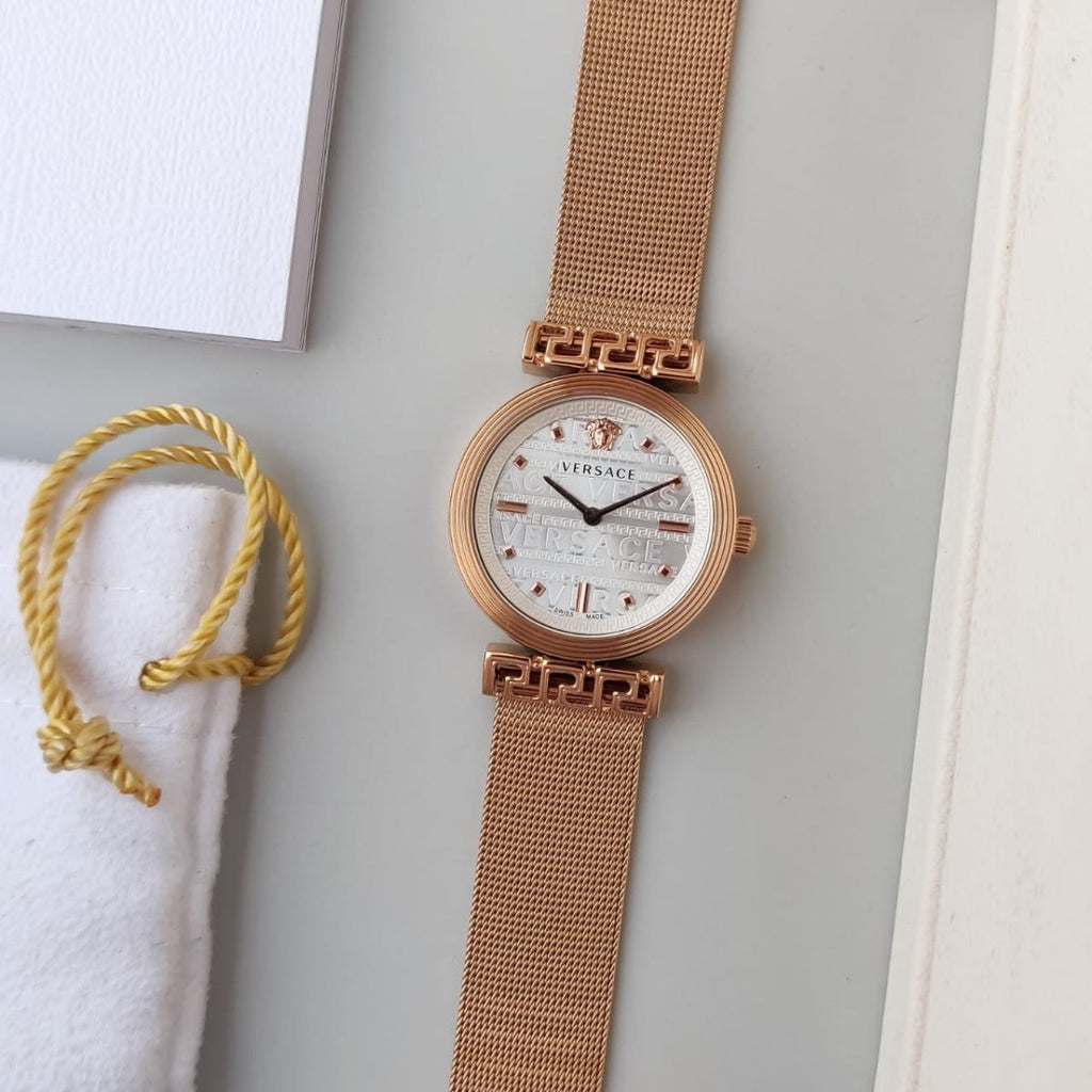 Versace Meander White Dial Rose Gold Mesh Bracelet Watch for Women - VELW00620