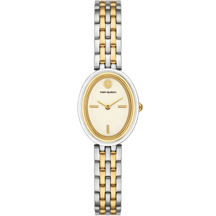 Tory Burch Oval White Dial Two Tone Steel Strap Watch for Women - TBW6033