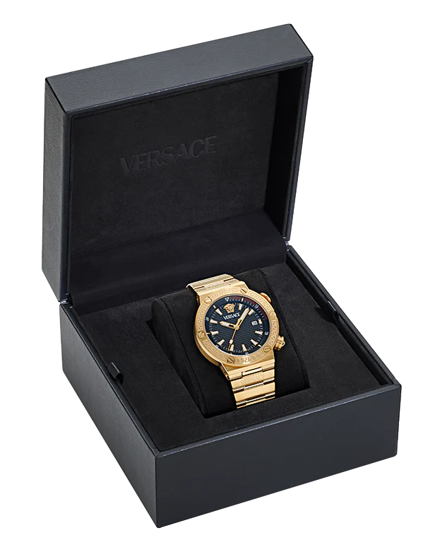 Versace Greca Logo Quartz Black Dial Gold Steel Strap Watch for Men - VE8G00624