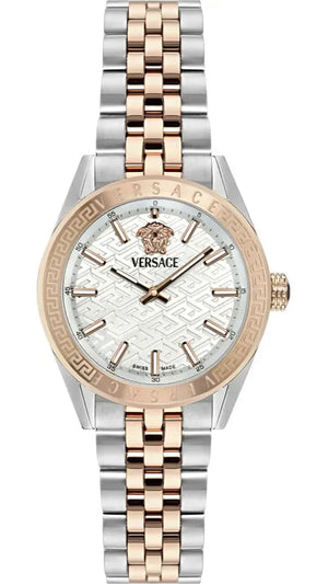 Versace V-Code Analog White Dial Two Tone Steel Strap Watch for Women - VE8I00624