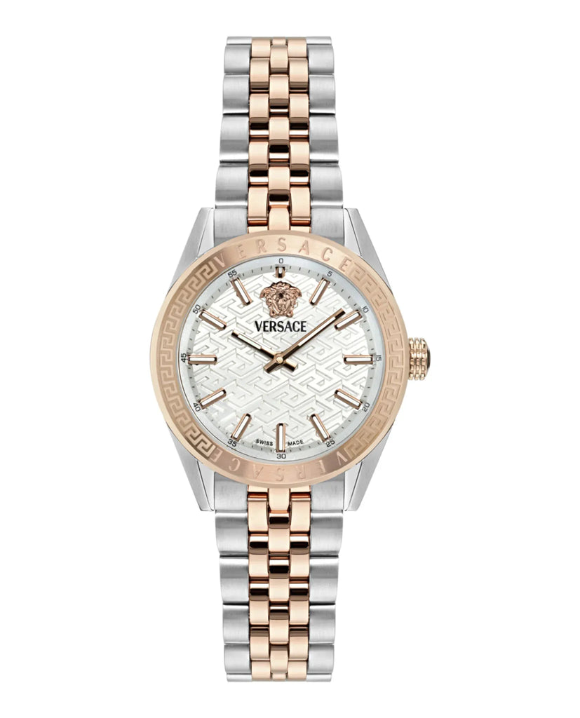 Versace V-Code Analog White Dial Two Tone Steel Strap Watch for Women - VE8I00624