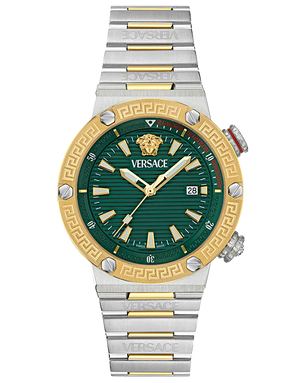 Versace Greca Logo Diver Quartz Green Dial Two Tone Steel Strap Watch for Men - VE8G00524