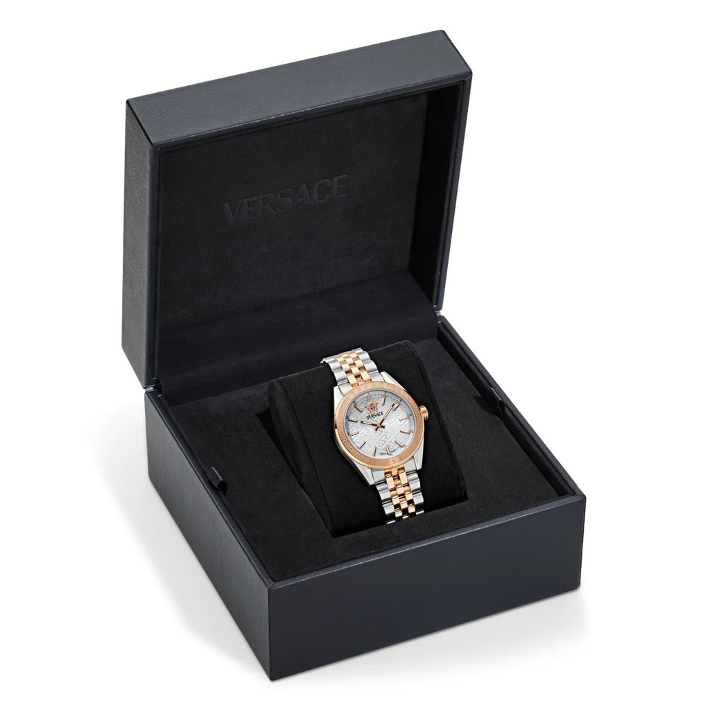 Versace V-Code Analog White Dial Two Tone Steel Strap Watch for Women - VE8I00624