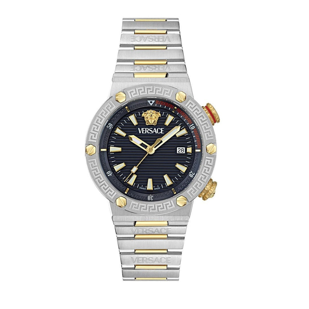 Versace Greca Logo Diver Quartz Black Dial Two Tone Steel Strap Watch for Men - VE8G00424