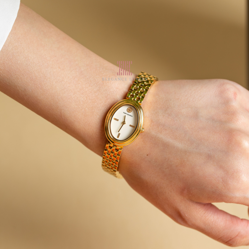 Tory Burch Oval White Dial Gold Steel Strap Watch for Women - TBW6032