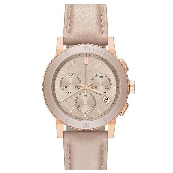 Burberry The City Chronograph Rose Gold Dial Beige Leather Strap Watch For Women - BU9702