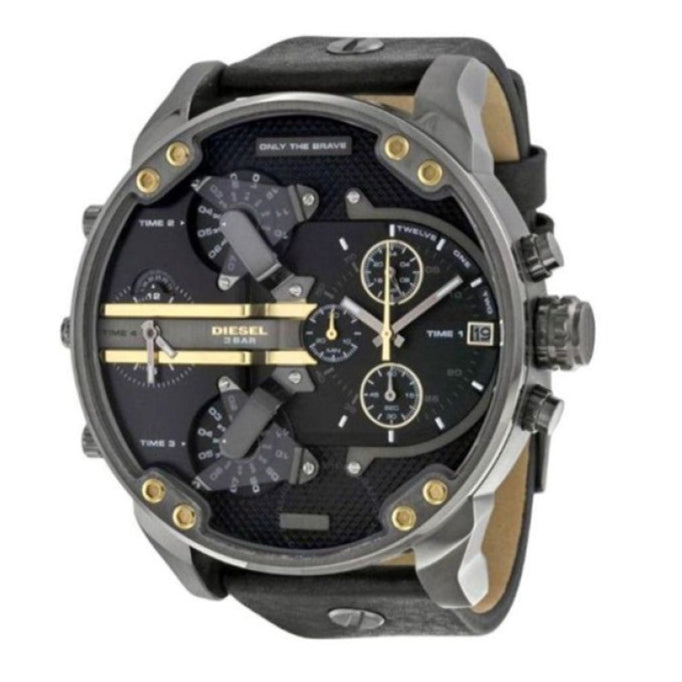 Diesel Mr Daddy 2.0 Chronograph Black Dial Black Leather Strap Watch For Men - DZ7348