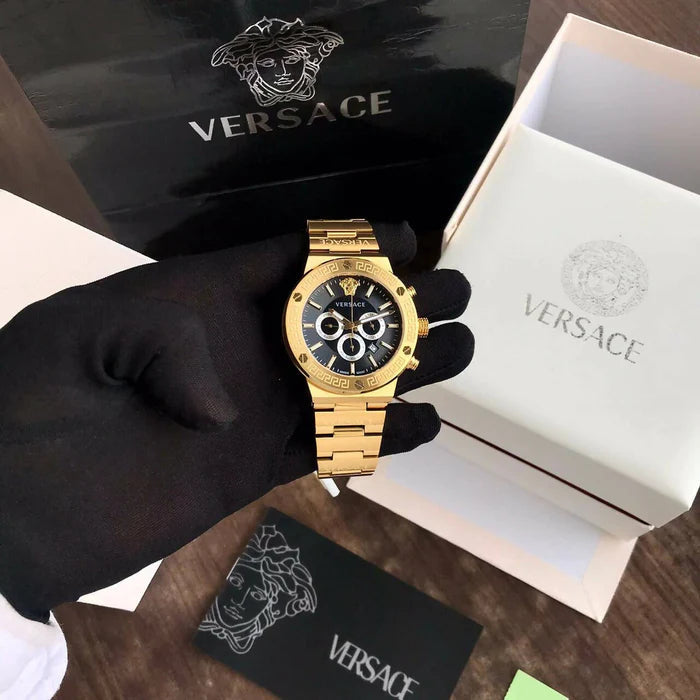 Versace Greca Chronograph Black Dial Gold Steel Strap Watch For Men - VEZ900421