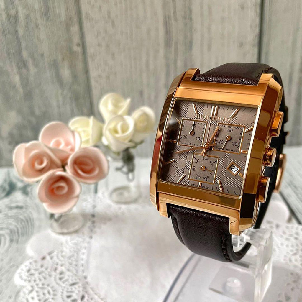 Burberry Heritage Chronograph Square Grey Dial Brown Leather Strap Watch for Men - BU1566