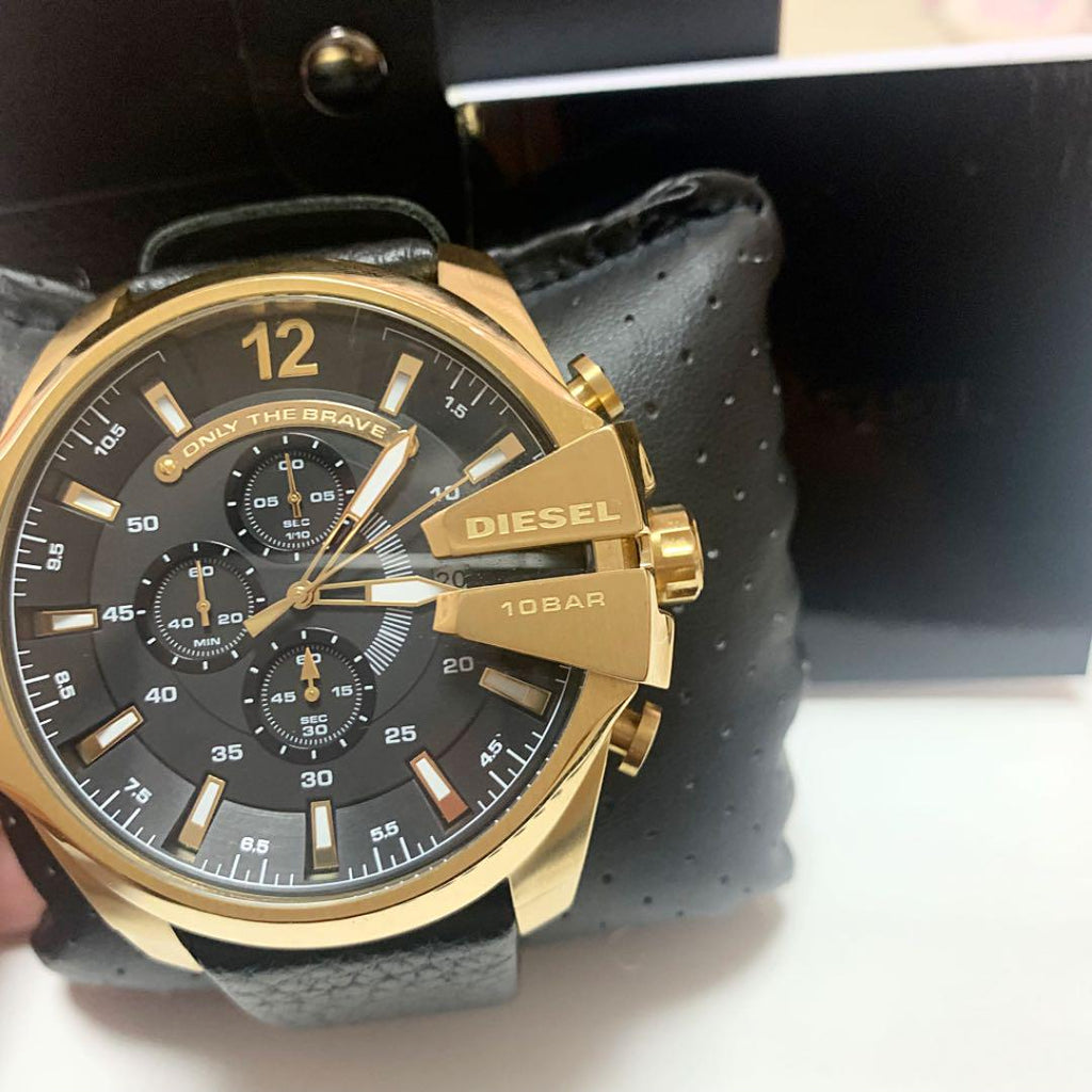 Diesel Mega Chief Chronograph Black Dial Black Leather Strap Watch For Men - DZ4344