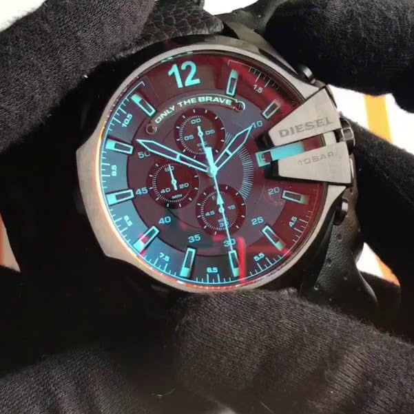 Diesel Mega Chief Chronograph Black Dial Black Leather Strap Watch For Men - DZ4323