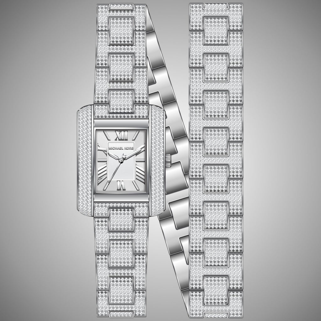 Michael Kors Emery Pave Double Wrap Crystals White Dial Silver Steel Strap Watch for Women - MK4836