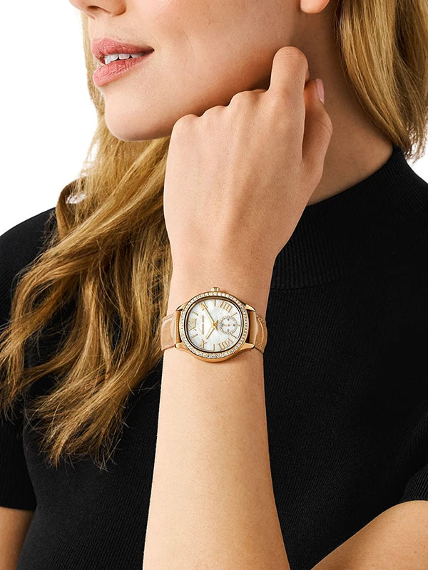 Michael Kors Sage Three-Hand Mother of Pearl White Dial Brown Leather Strap Watch for Women - MK4819